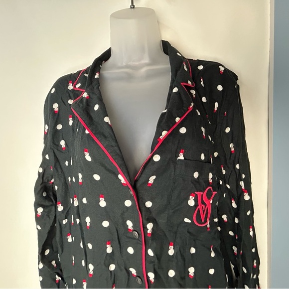 Victoria's Secret Pajama Top Black & Snowmen Button Down SP - Picture 4 of 13